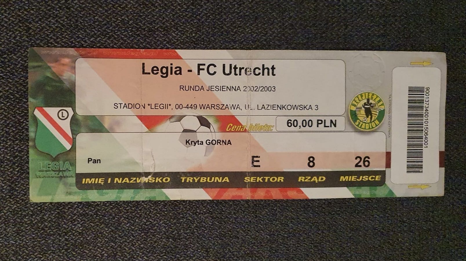 Bilet Legia Warszawa - FC Utrecht Puchar UEFA 2002
