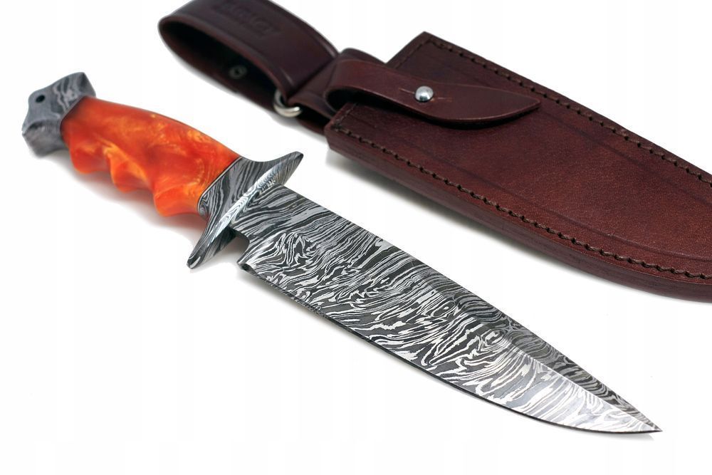Nóż myśliwski ręcznie wykonany wojskowy BOWIE stal DAMASCEŃSKA ETUI