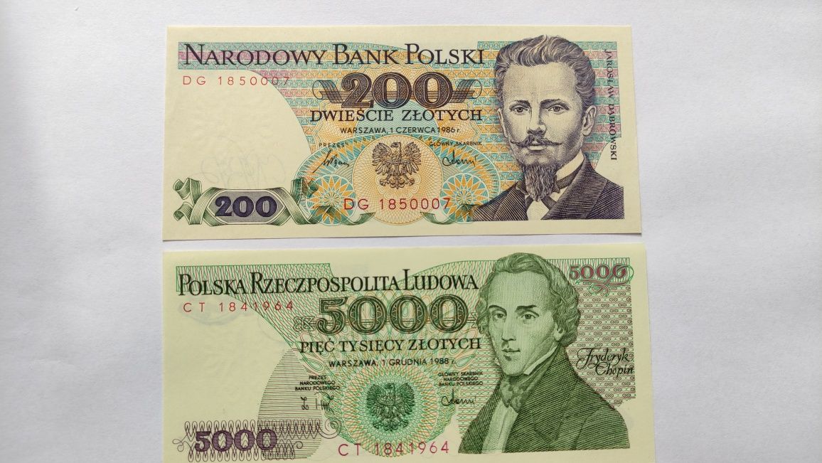 Banknoty UNC 5000zł 1988r seriaCT i 200zł 1986 seria DG.