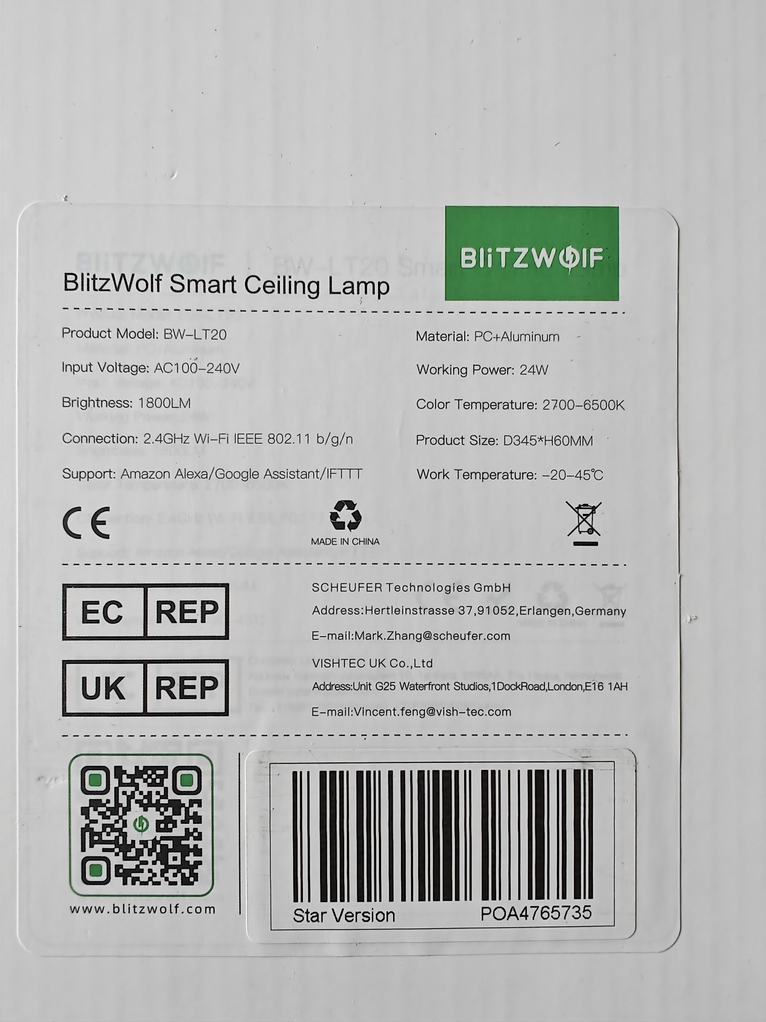 Candeeiro de teto LED - Blitz Wolf BW-LT20 24W