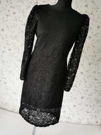 Czarna śliczna koronkowa sukienka, bufiaste rękawy 12 Petite