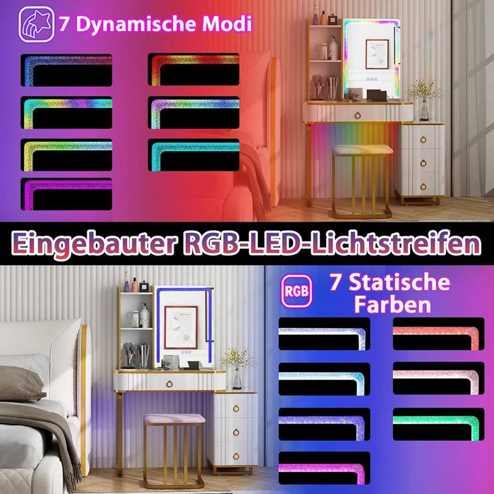 Toaletka kosmetyczna z lustrem szafką taboretem i oświetleniem RGB LED