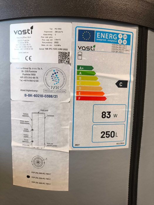 Zbiornik cwu do pompy ciepła Vasti 250 l, nierdzewny, 1 wężownica