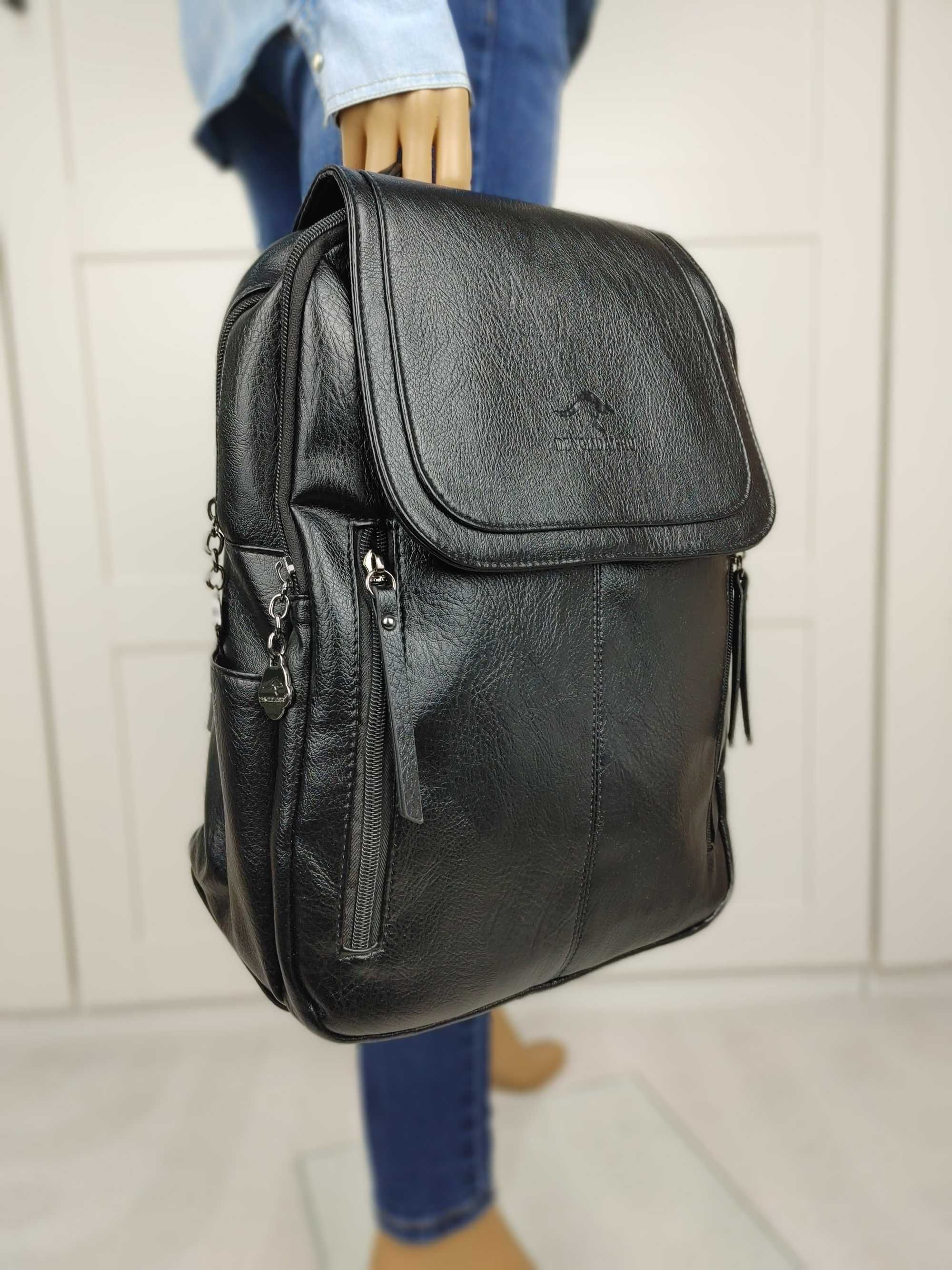 Czarny Skórzany Plecak XXL Vintage Torba Stylowa Elegancka na Wiosnę