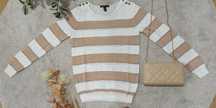 Camisola malha fina / manga comprida / riscas bege-branco (XS / Mango)