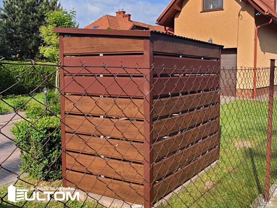 Wiata śmietnikowa 1,4x1,4m panele drewnopodobna blaszana zabudowa