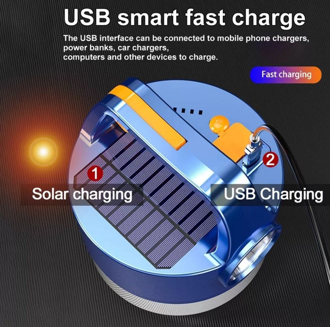 Фонарик для кемпинга USB + солнечная панель, перезаряжаемый 3000 мАч