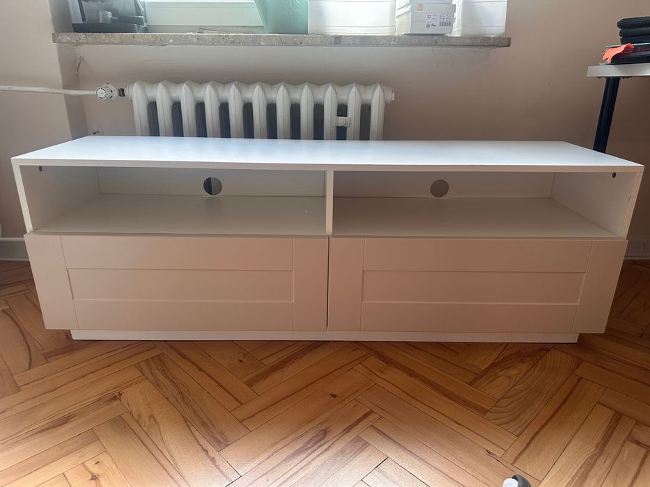 Zestaw mebli do salonu, biało-kremowe, komoda, witryna, szafka RTV