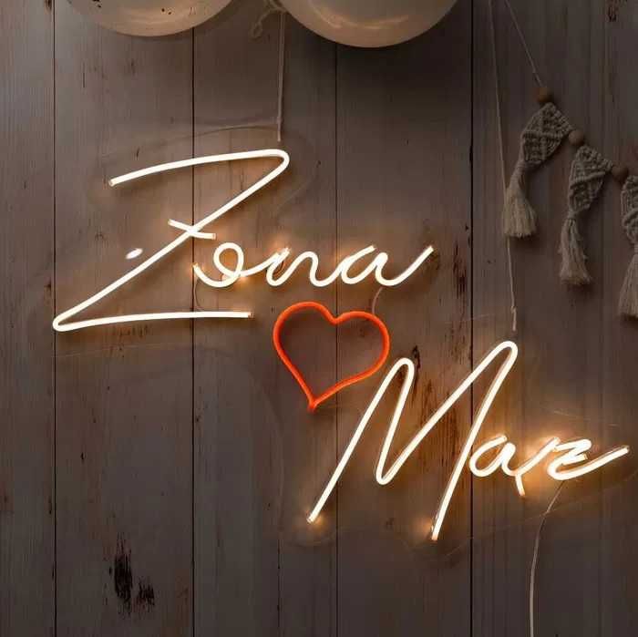 Napis Led / Neon Mąż Żona z Sercem 100x50 cm - Ślub Wesele