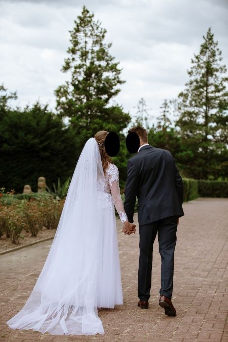 suknia ślubna, koronka, tiul, brokat, biała, długi rękaw