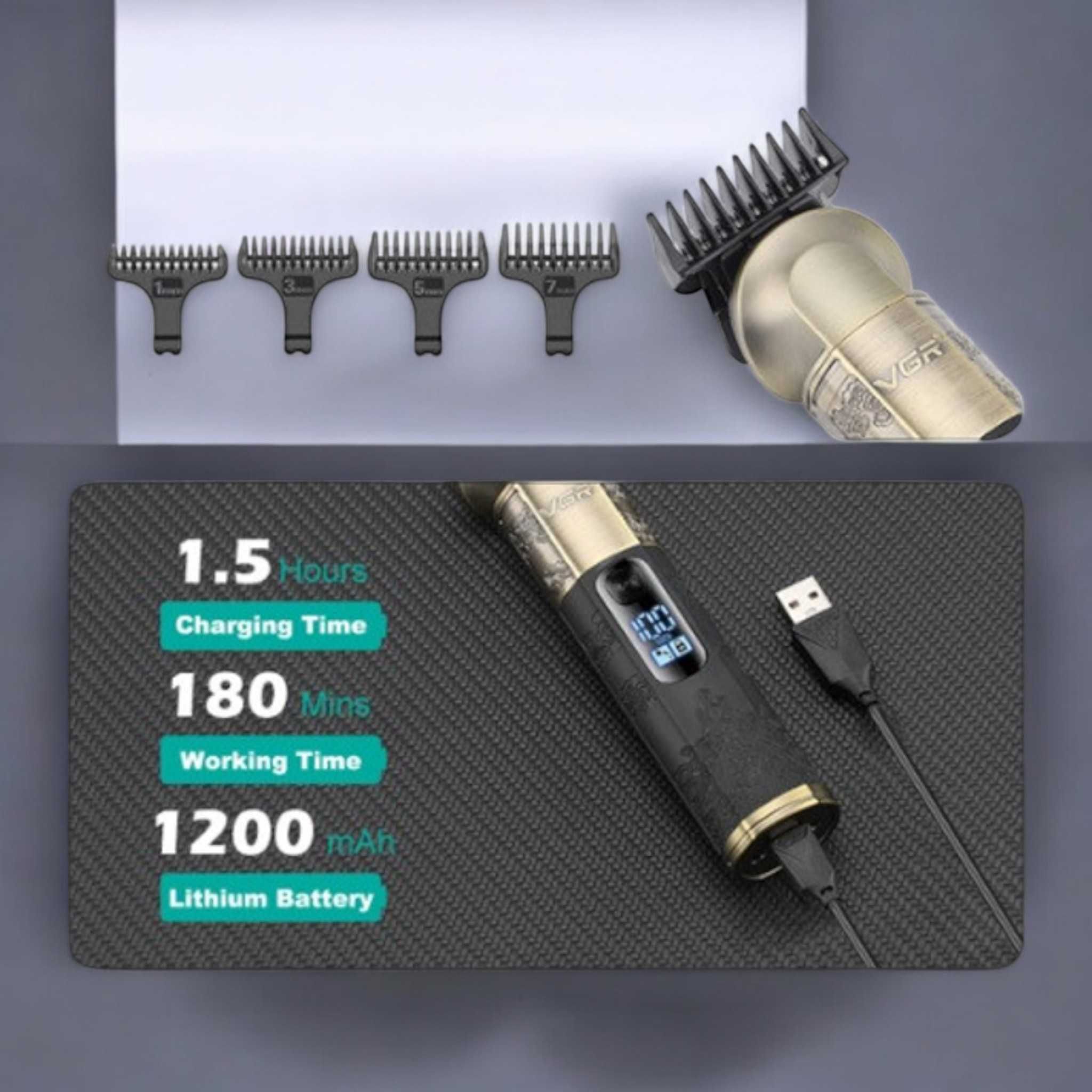 Тример для волосся та бороди VGR V-296 4 насадки 1200 mAh LED-дисплей