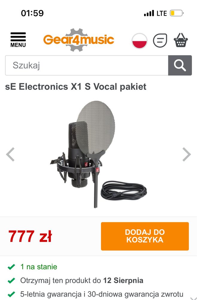 Mikrofon pojemnościowy studyjny se electronics x1 s