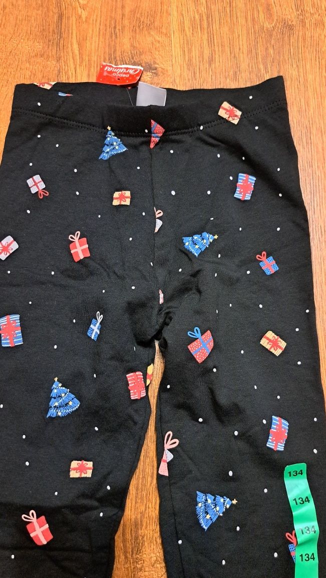 Legginsy ocieplane dziewczynki świąteczne choinka prezenty nowe 134