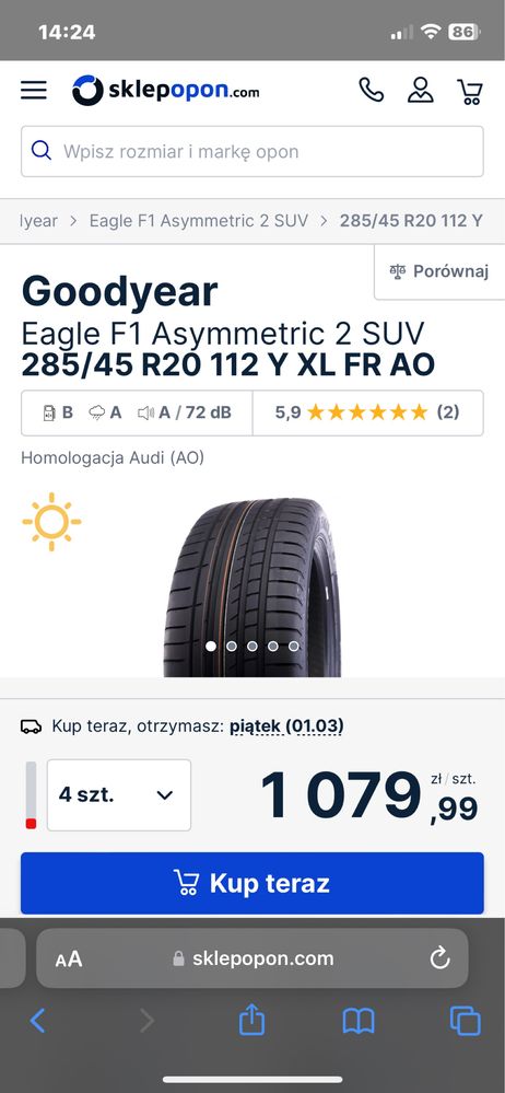 KOMPLET GOODYEAR Eagle F1 285/45/20 asymmetric2 4opony letnie 112y SUV