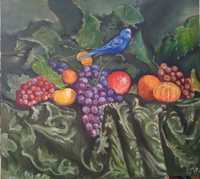 Картина натюрморт с фруктами и попугайчиком на холсте 45х50