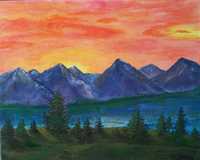 Pejzaż górski o zachodzie słońca - piękny obraz akrylowy 40x50 cm