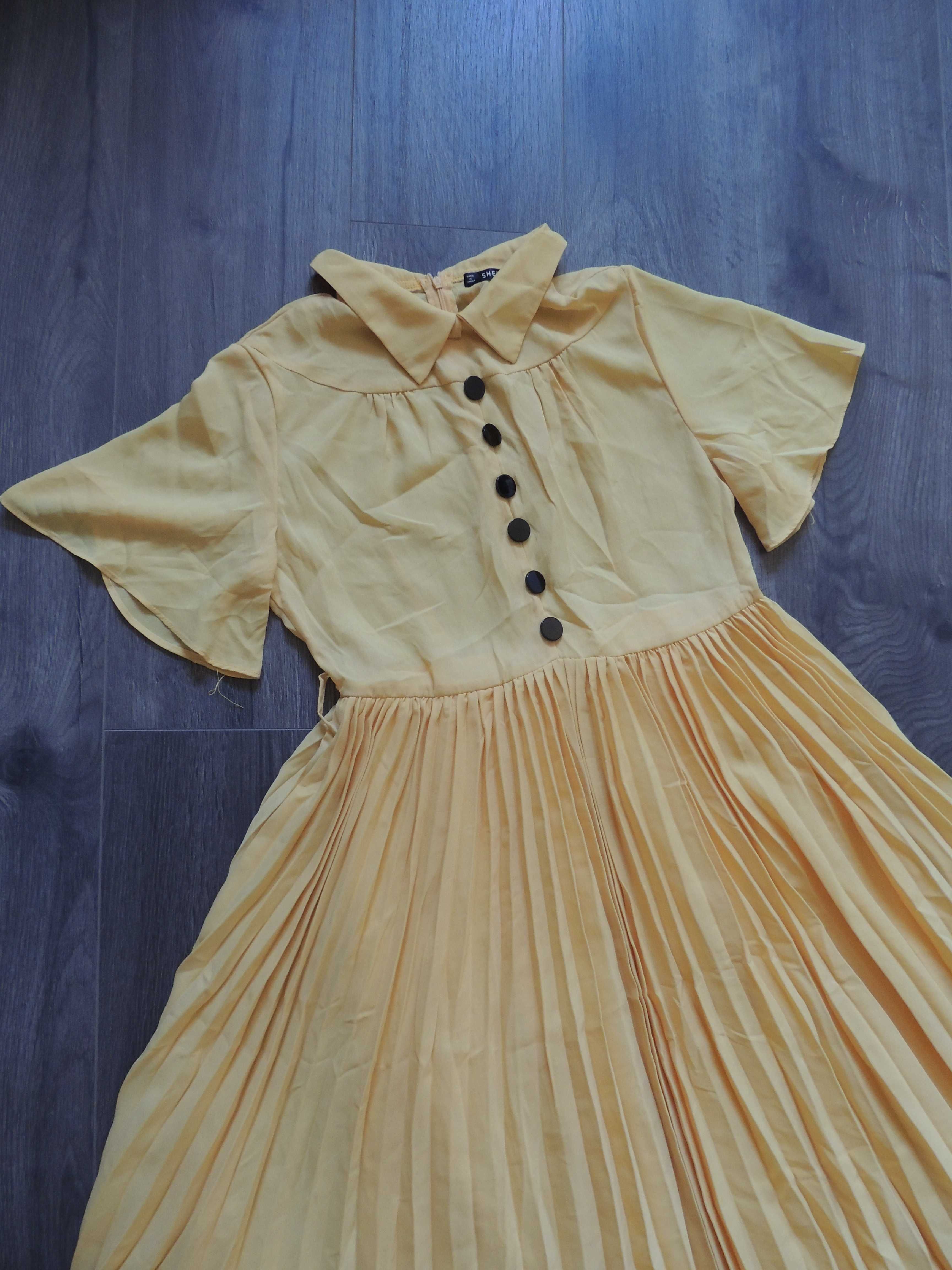 żółta kanarkowa długa midi sukienka z rozkloszowanymi rękawami M