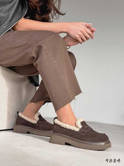 Утеплені лофери коричневі, натур. замша, зимние лоферы зима 36-41р