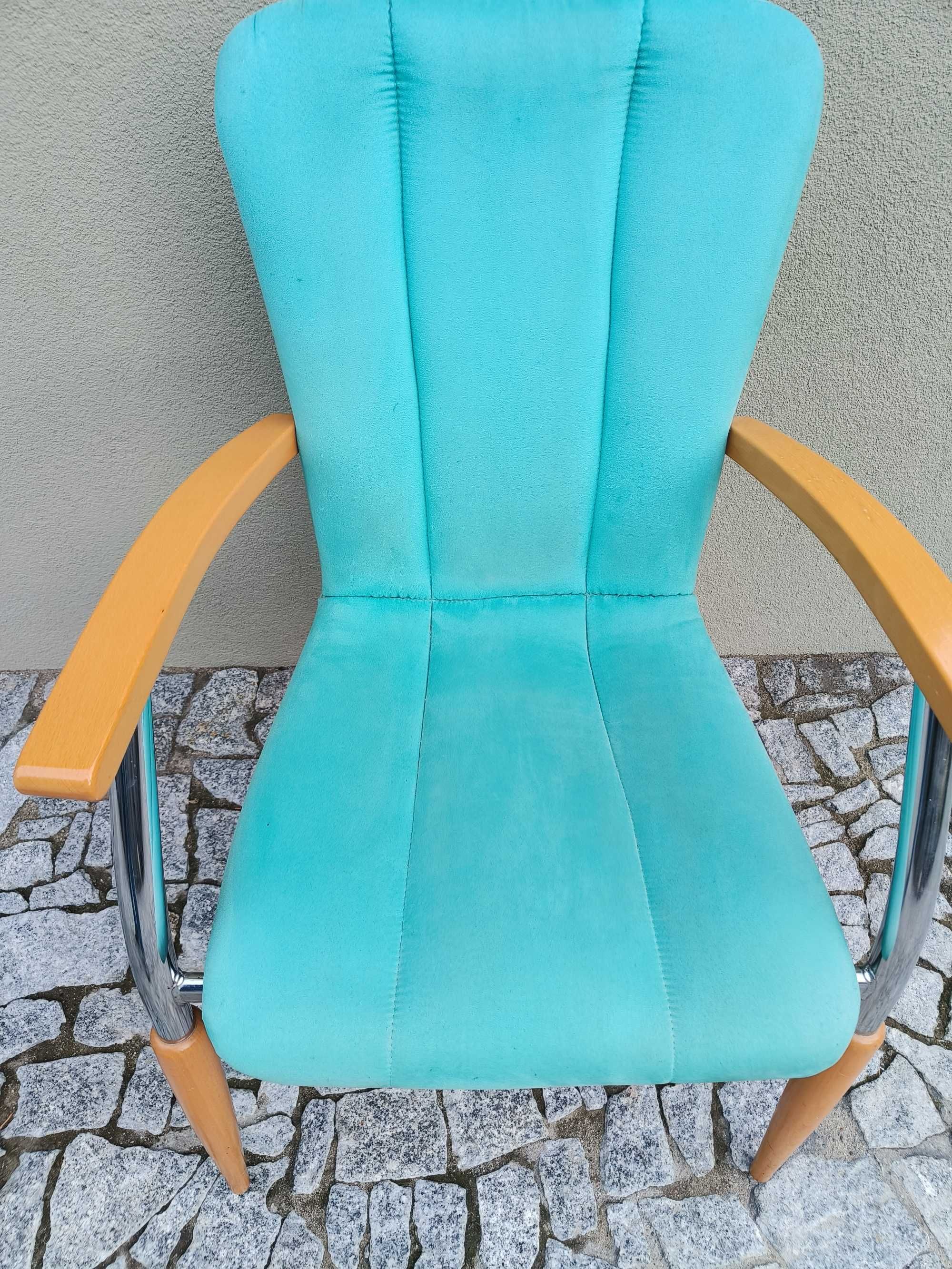 Krzesło miętowa tapicerka chrom drewno