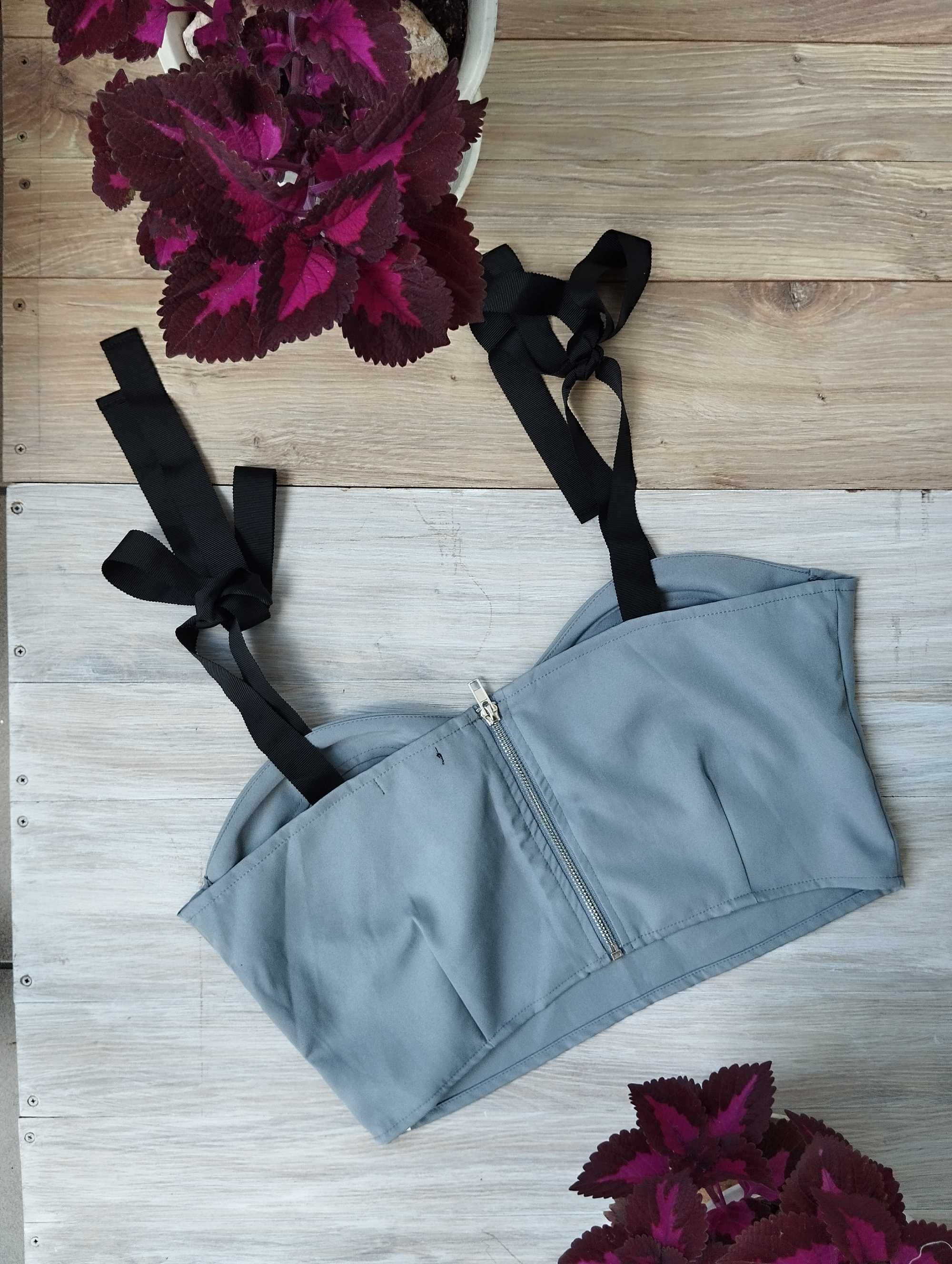 gotycki gorset szary crop top gorsetowy wiązany czarny L dopasowa rock