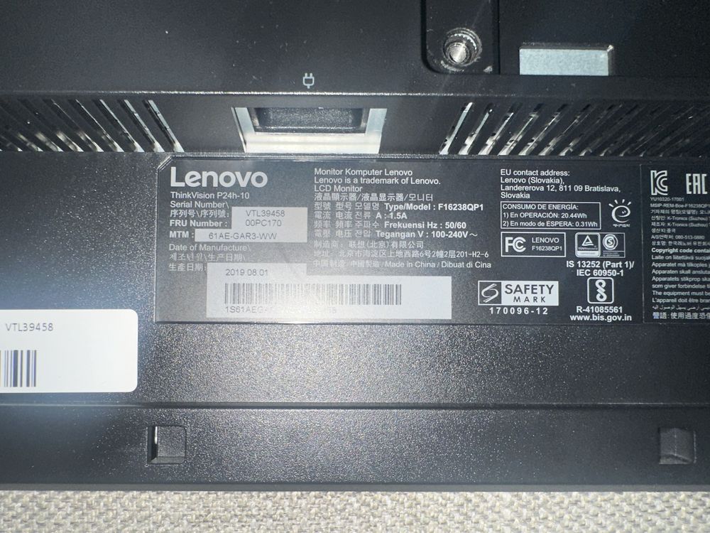 Monitor Lenovo ThinkVision P24H-10 24" LED 2560x1440 DisplayPort