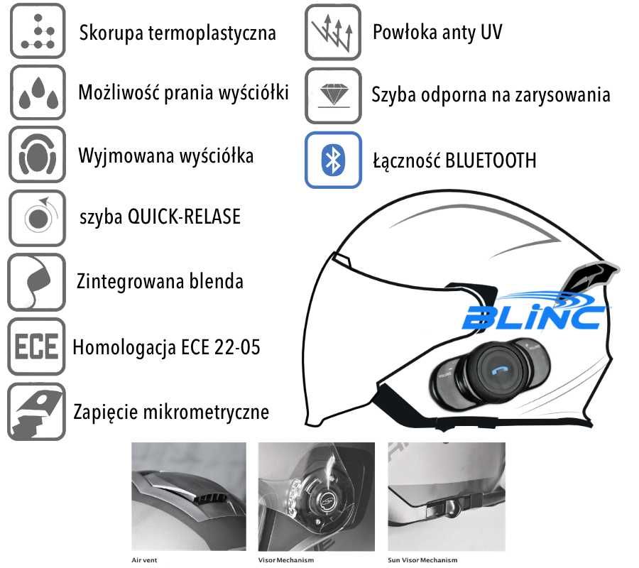 Kask PALIO Otwarty Jet z BLUETOOTH Zintegr INTERCOM BT Czarny Mat L