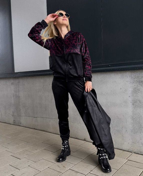 Dresy damskie welurowe w panterkę spodnie + bluza bordowe r.S wys.24h