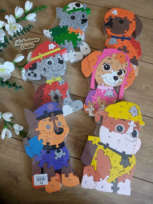 Układanki drewniane puzzle dwustronne komplet 6 sztuk Psi Patrol