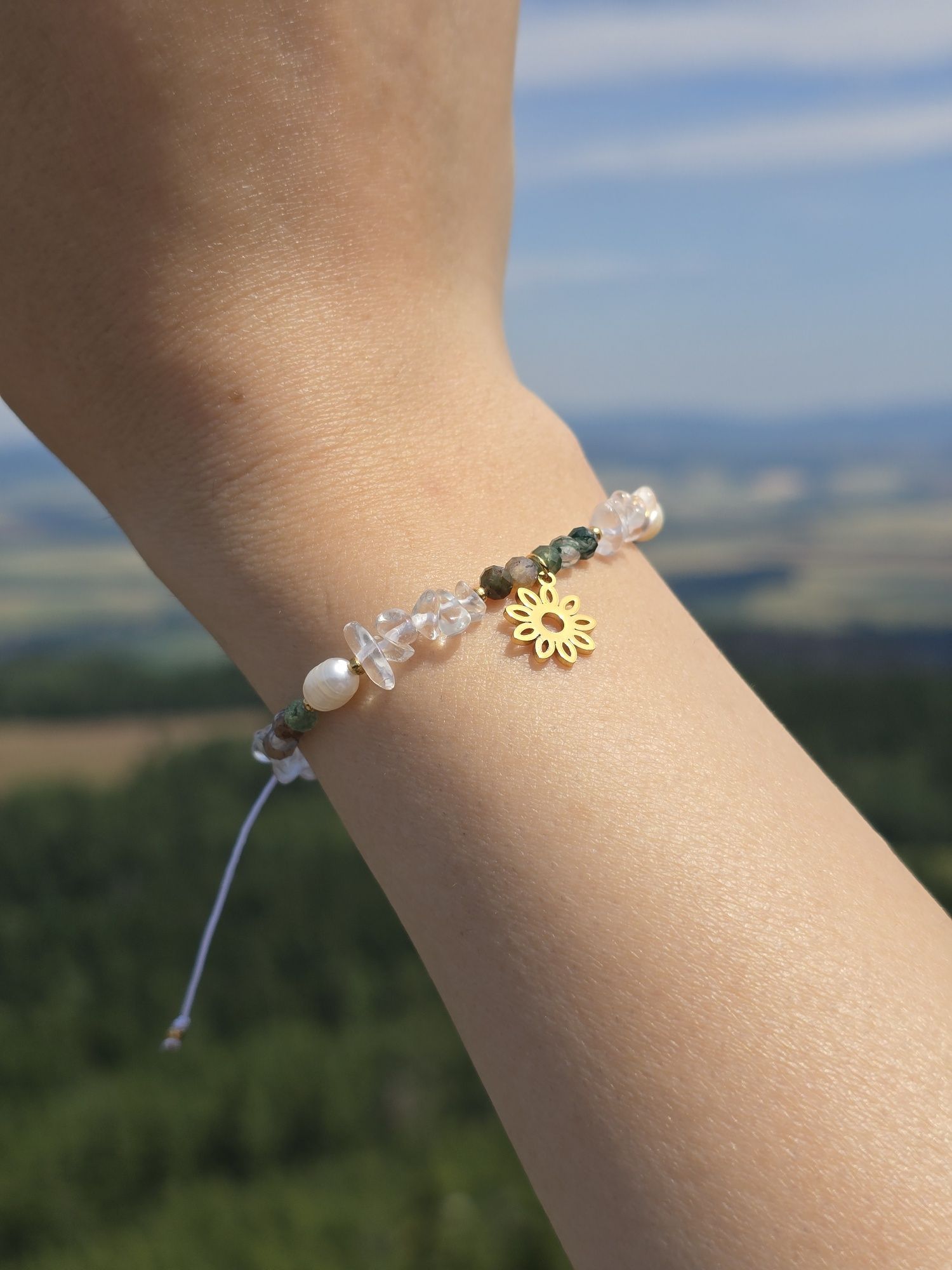 Bransoletka handmade - kamienie, zawieszka słoneczko