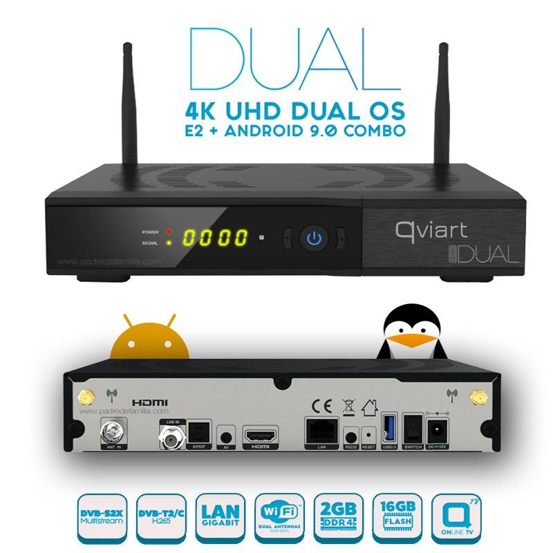 Receptor Combo (SAT+Cabo+IPTV) Linux+Android QVIART Dual 4K