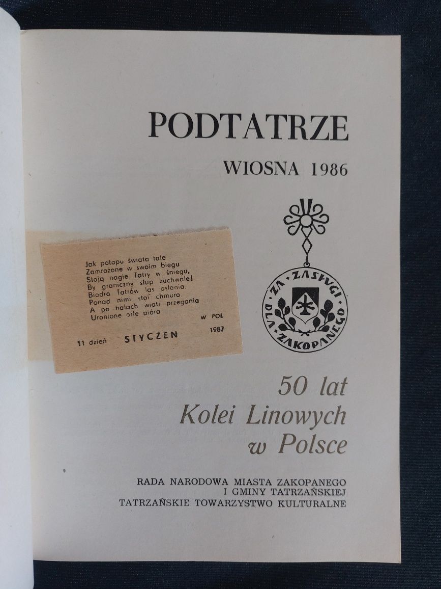 Podtatrze Wiosna 1986/50 lat Kolei Linowych w Polsce 1986 Zakopane TTK