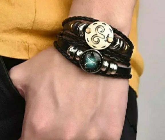 Conjunto 2 Pulseiras Trançadas em Couro zoodiaco Signo Capricornio