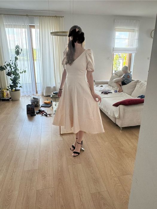 Sukienka na chrzest, wesele elegancka ecru midi rozmiar 36