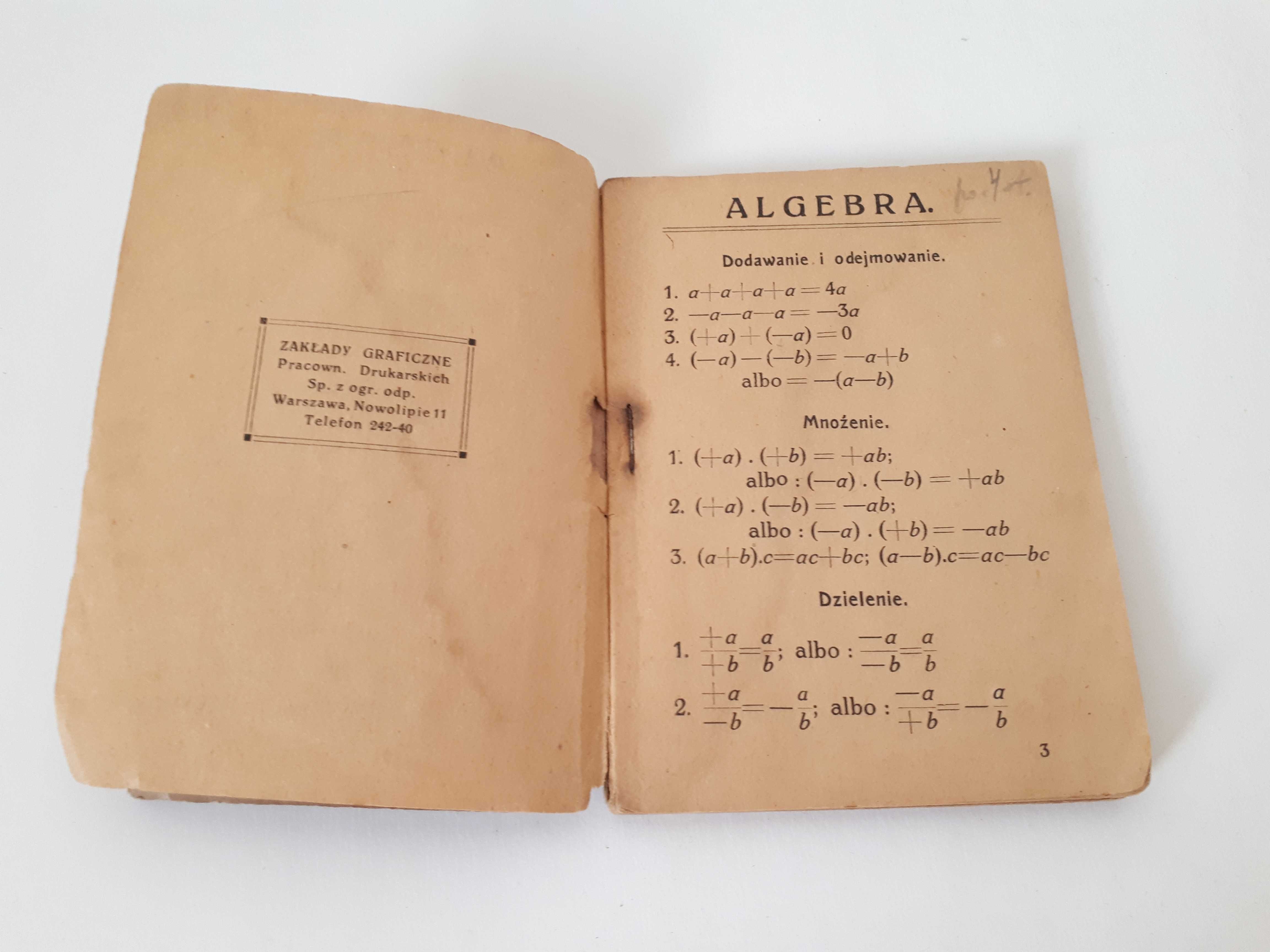 książeczka Wzory matematyczne - Lisowski 1922