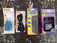 Słuchawki, powerbank, ładowarka sieciowa,  kabel ładujący