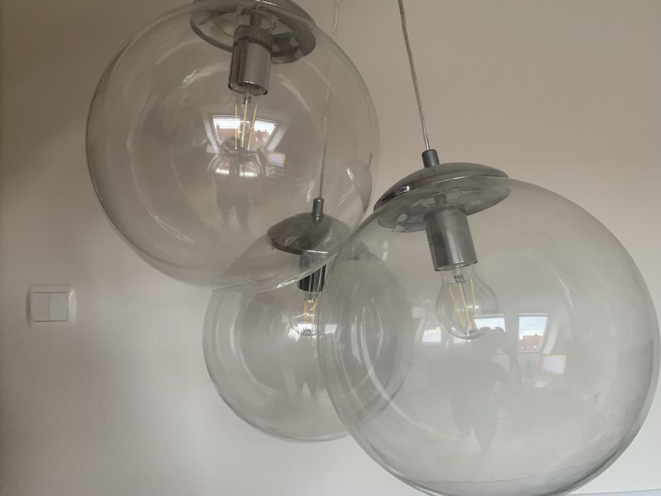 3 lampy kule transparentne + żarowki z żarnikami fi 30 cm