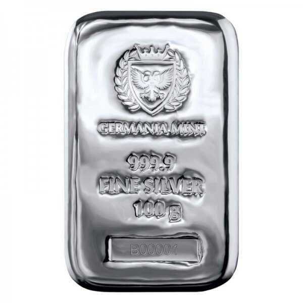 100 gramas - Prata - .9999 - Germania Mint Cast Bar