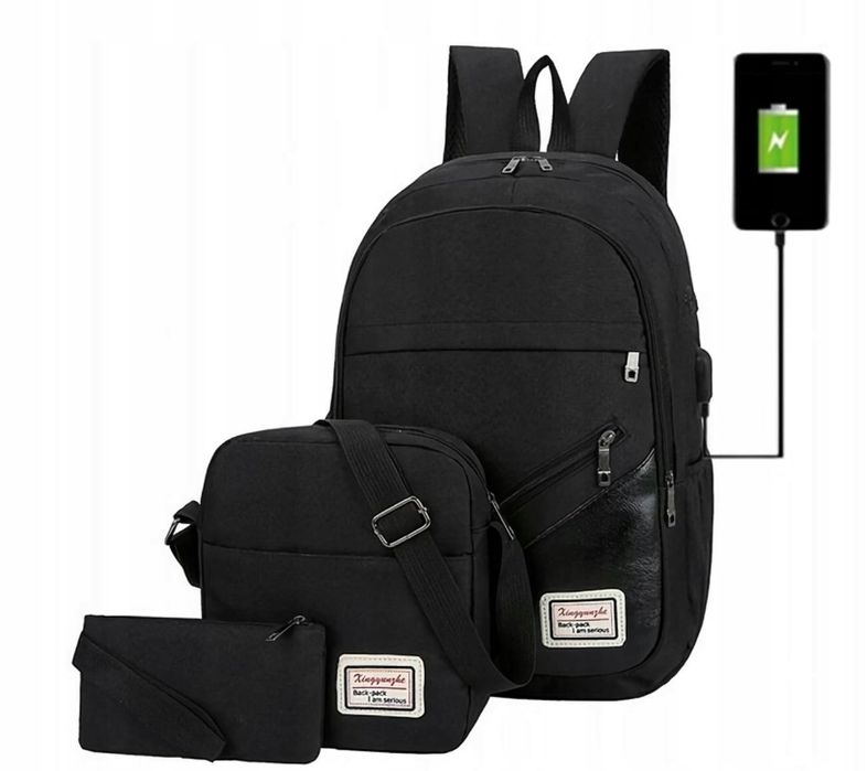 Plecak Czarny Zestaw 3W1 Torba Saszetka Piórnik Młodzieżowy P32