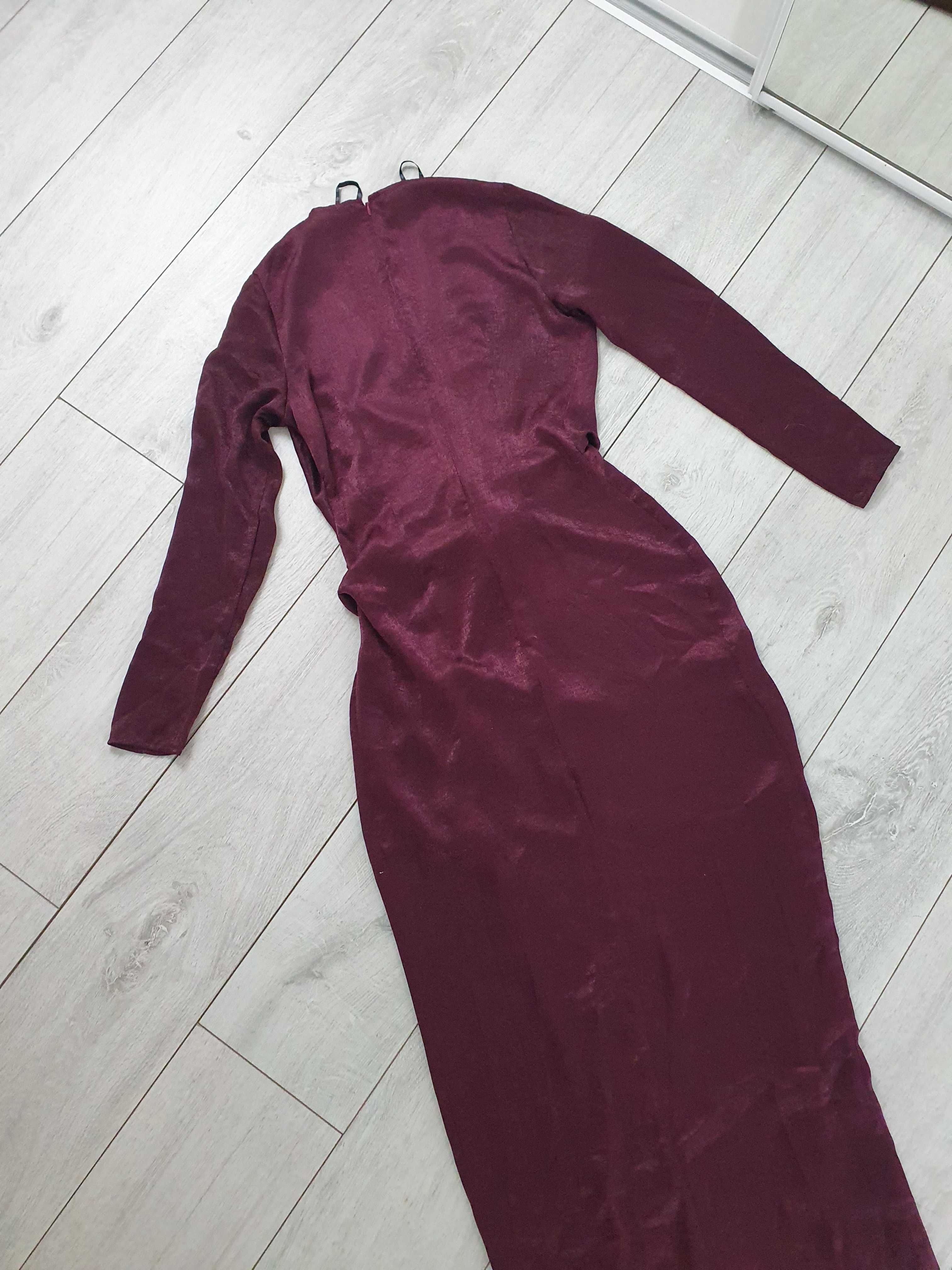 Missguided satynowa burgundowa sukienka maxi z rozcięciem XS 34
