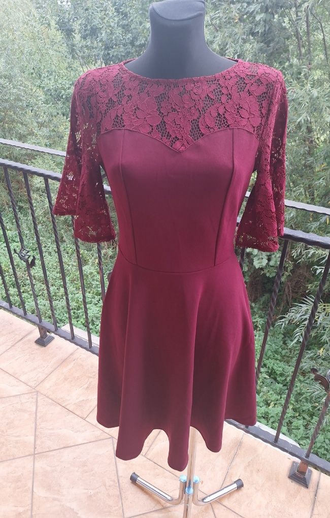 Burgundowa sukienka imprezowa koktajlowa marka Miusol rozmiar S 36