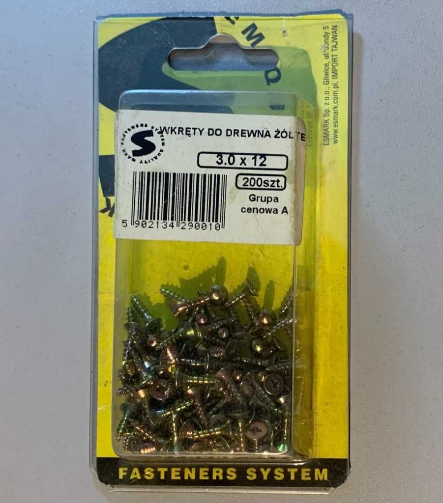 Wkręty Żółte 3.0 x 12 mm Do Drewna Ocynk Opakowanie 100 sztuk