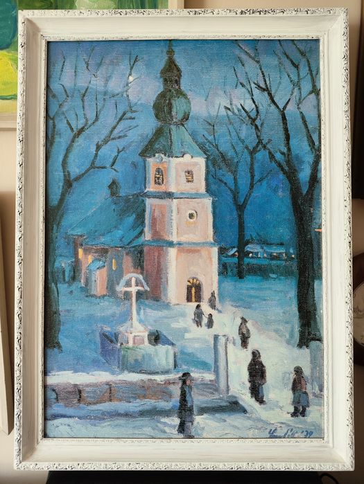 Zimowy krajobraz w  eleganckiej Białej ramie. Duży obraz ładny i efekt
