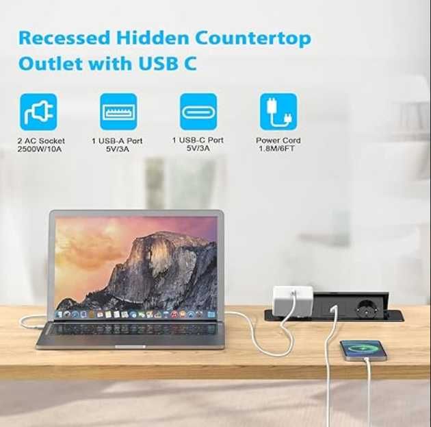 Wysuwana Listwa Zasilająca USB C PD20W 2 Gniazda do Blatu 2500W Czarna