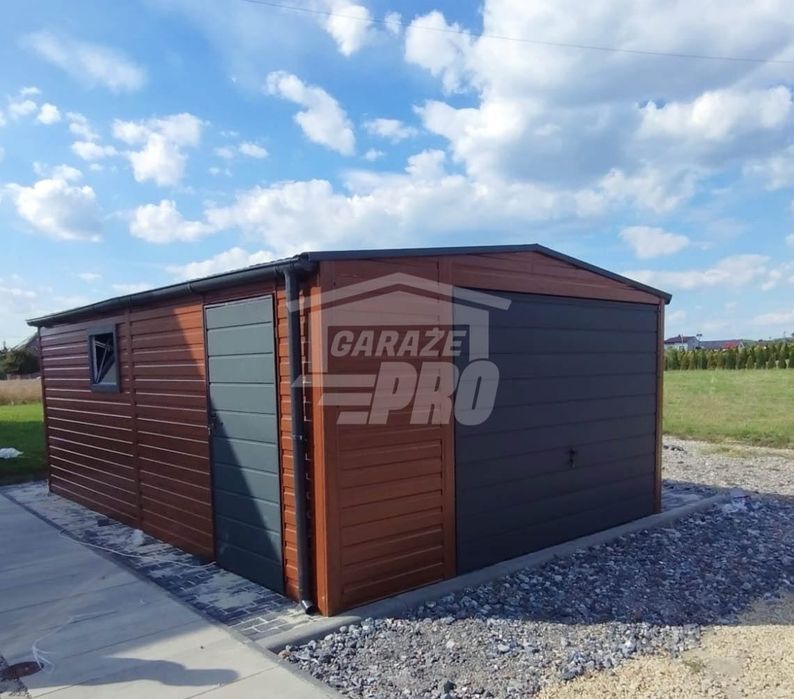 Garaż blaszany 4x6 Brama + drzwi - rynny okno Brąz Antracyt GP213