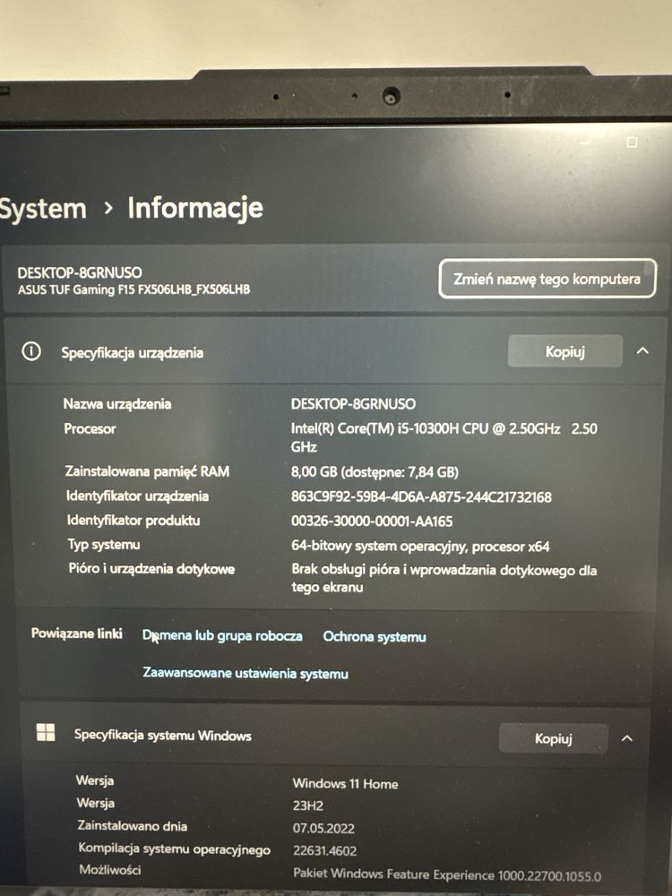 Asus TUF Gaming F15 z pudełkiem