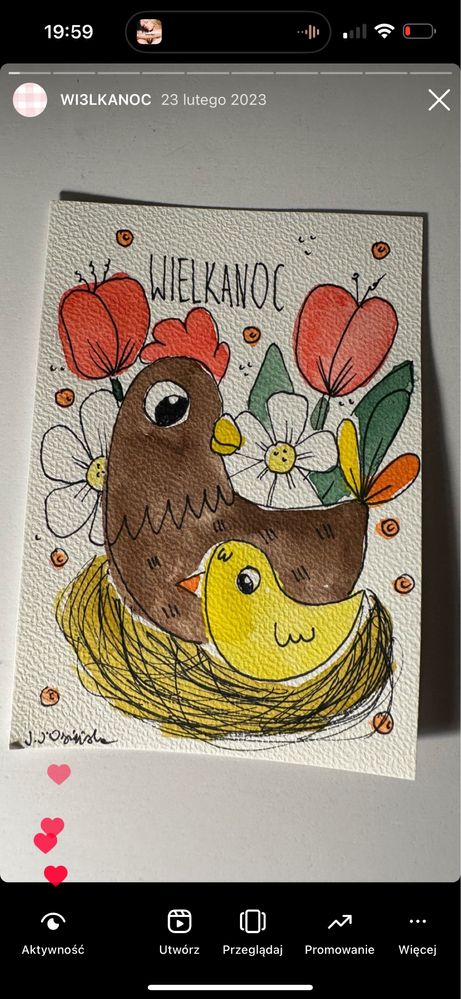 Kartka wielkanocna wielkanoc kura kurcxak kwiaty tulipany boho gniazdo