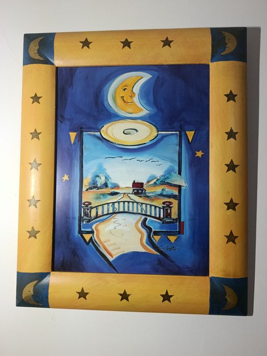 Quadro Único Noite Encantada (Lua e Estrelas) - Moldura Artesanal Pint