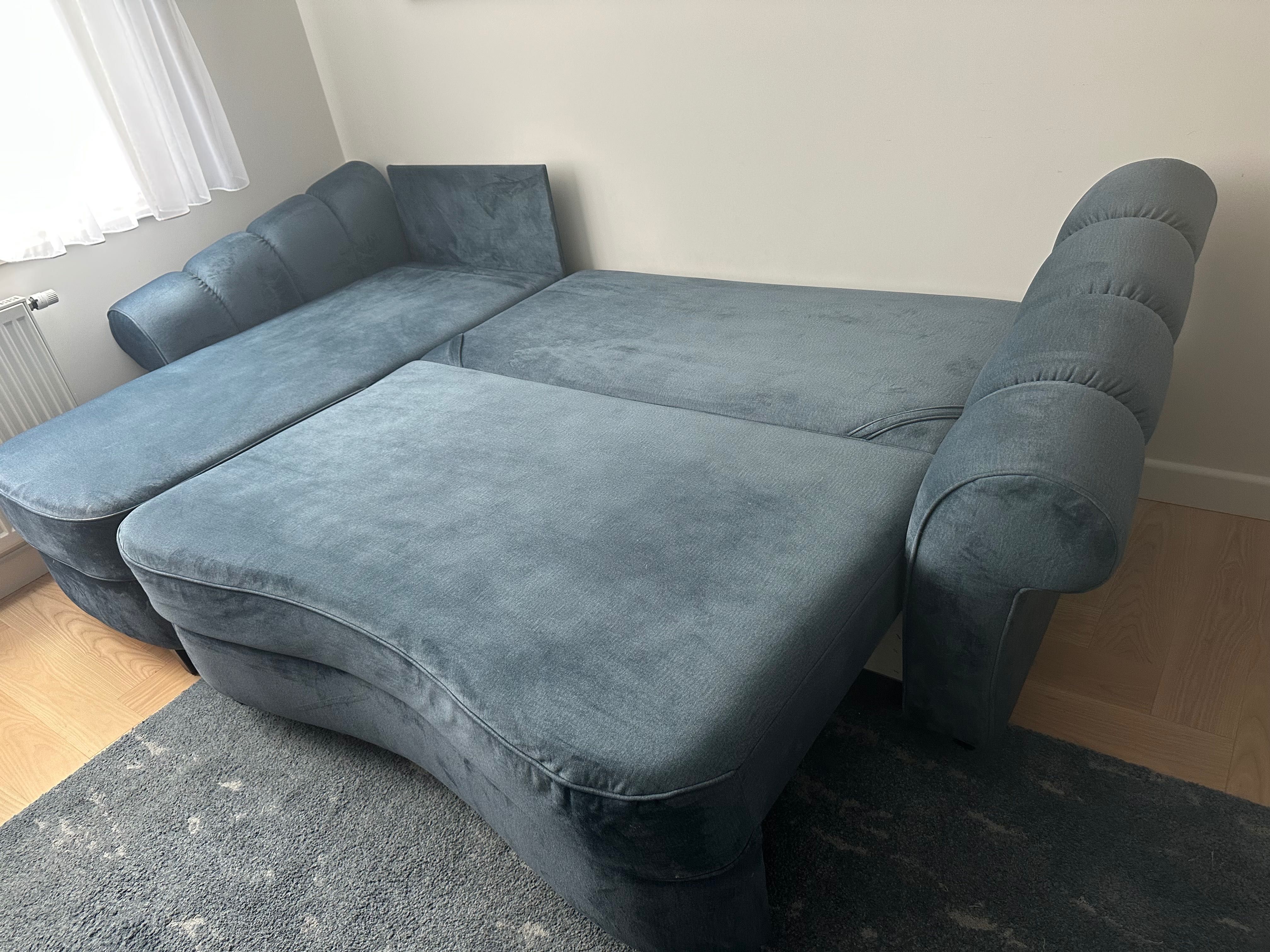 Sofa narożna, z możliwością spania, welurowa zielono-granatowa