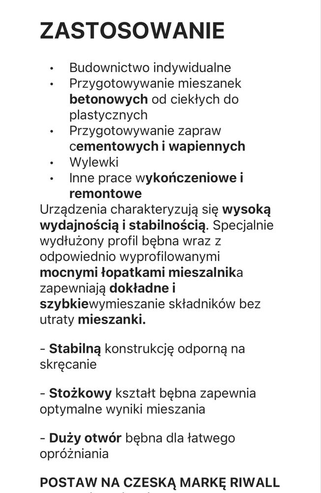 Betoniarka budowlana Riwall- Pro 200 litrów 230V źeliwny wieniec