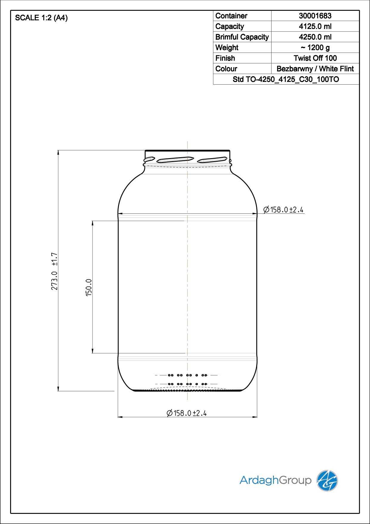 Słoik 4250ml z zakrętką fi100 / słoik 4 litrowy